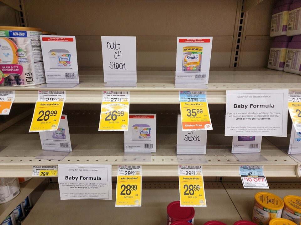 Bare shelves of infant formula at a Safeway store in Monroe, Washington